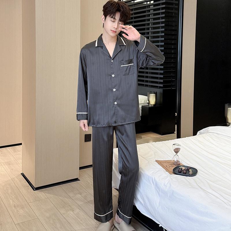1011 New French ice silk men's pajamas, long sleeves and trousers, high-end ice and snow silk loungewear suit can be worn outside