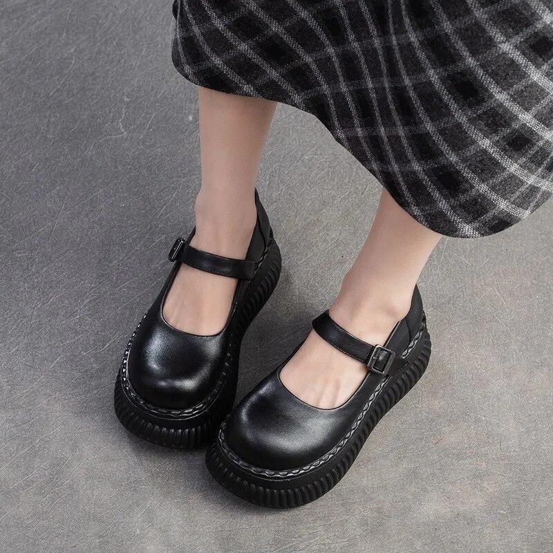 Johnature Scarpe Mary Janes Scarpe con plateau piatte in vera pelle Sandali con altezza della suola spessa con fibbia