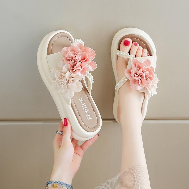 Flower pearl fairy slippers summer new outer wear with skirt sandals platform beach tide shoes