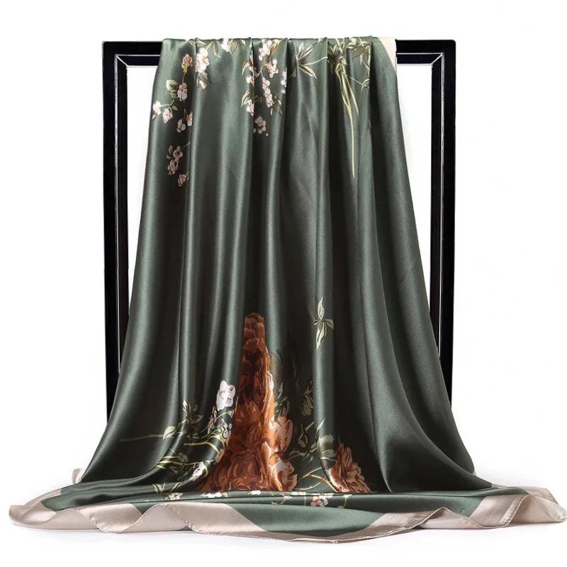90*90Cm Satin Scarf For Women Cashew Flower Print Chain Scarf Spring And Summer  Style Shawl Scarf For Women   Style