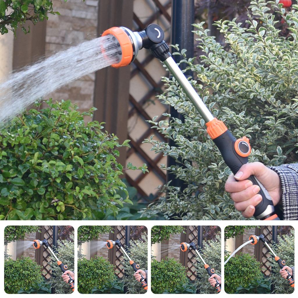 47cm Water Sprayer Nozzle Long Rod Garden Sprinkler with Adjustable Head 8 Spray Modes High Pressure Irrigation Hose Nozzle