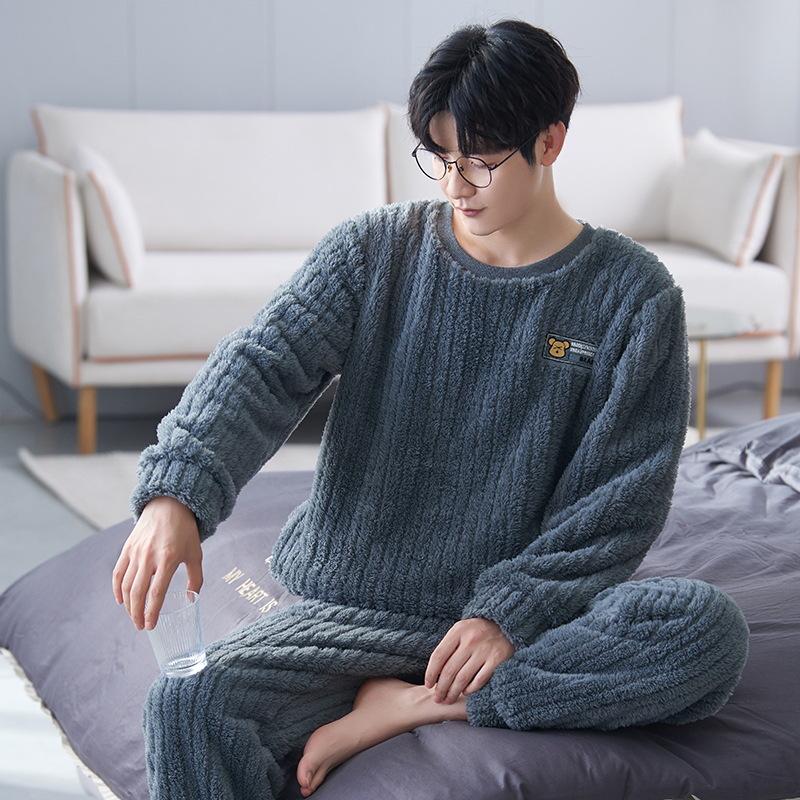 Men's Winter Thickened Coral Fleece Pajamas: Cute Cartoon Warm Homewear Set for Teenagers and Students