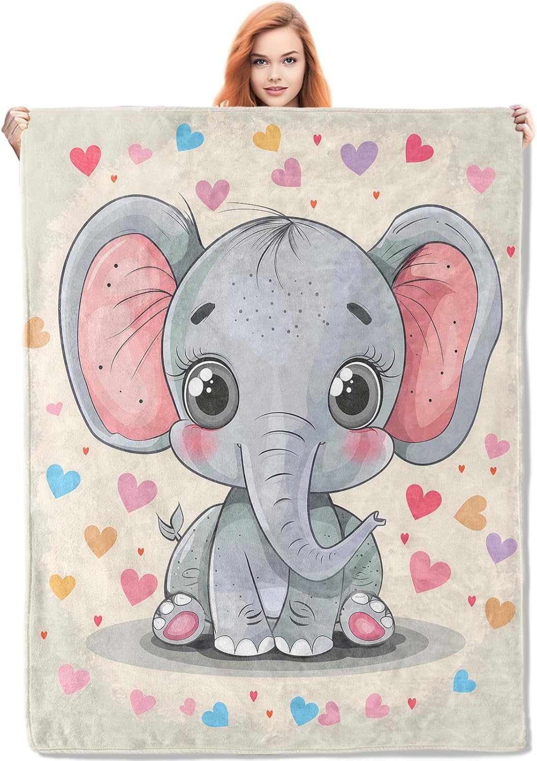 Cute Cartoon Elephant Throw Blanket,Adorable Animal and Heart Design Soft Cozy Fleece Blankets for Couch Bed Sofa HomeDecoration 75X95CM