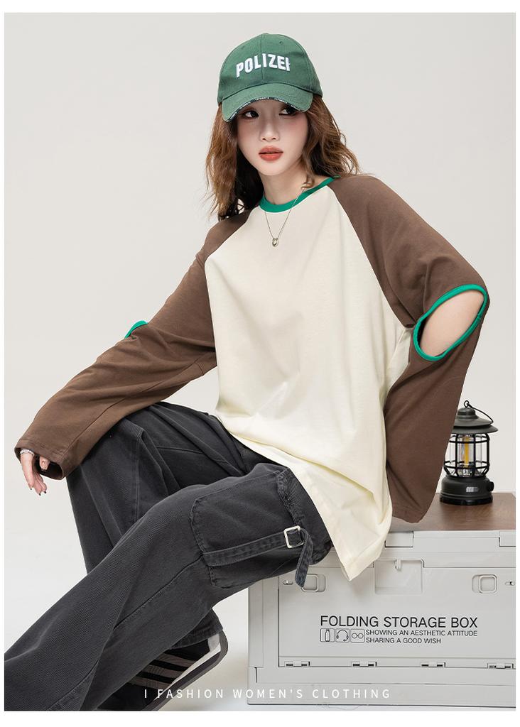 Hollow out design: Spring and Autumn fashion raglan sleeves contrasting color round neck T-shirt cool and cool casual loose top
