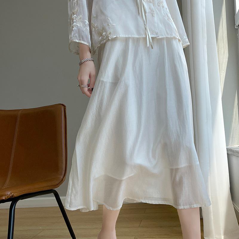 Women's Summer A-line Silk Satin Midi Skirt - High Waist, Solid Color