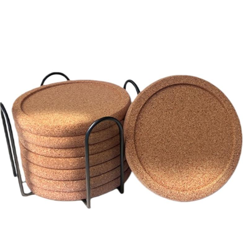 

8 Pcs/Box Concave Cork Coaster With Metal Rack Desktop Coffee Heat Insulation Coaster Non-Slip Eco-Friendly Round Cork Coaster