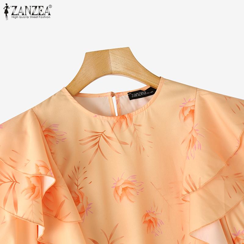 ZANZEA Women Casual Round Neck Ruffles Short Sleeve Loose Print Blouse