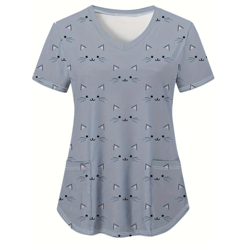 Medical Uniform for Women Cute Cat and Dog Print V-Neck Clinical Uniform Short Sleeve Patch Pocket Tops Surgical Uniforms Woman