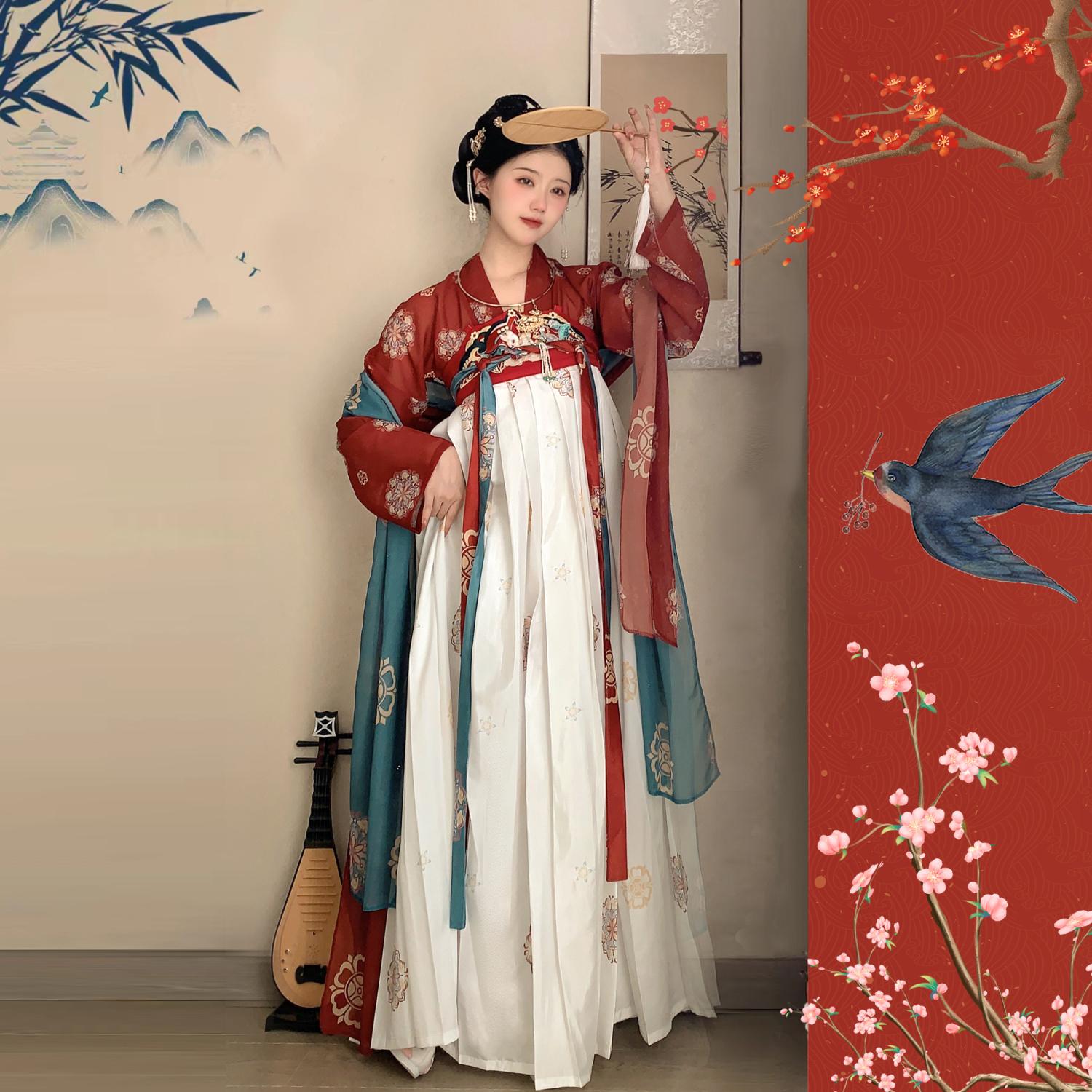 Ensemble Hanfu Chinois 3 Pièces Femme - Style Tang, Couleur Bleue Floral, Taille Moyenne