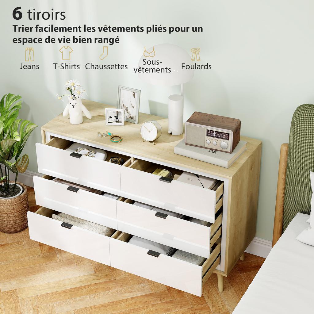 Storage Cabinet, Chest of Drawers with 6 Drawers and 5 Legs for Bedroom, High Gloss White
