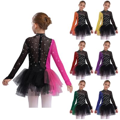 Girls Figure Skating Dress Long Sleeve Sparkling Rhinestones Color Block Patchwork Stage Performance