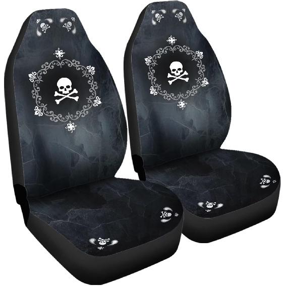 Bulopur Cute Black Gray Skull Set of 2 Car Seat Covers Universal Auto Front Seats Protector Fits for Car,SUV Sedan,Truck