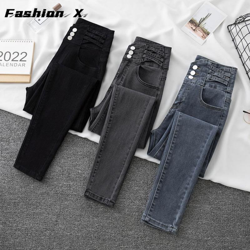 מכנסי ג'ינס אביביים בג'ינס קז'ואל מותניים גבוהים מכנסי קז'ואל לנשים