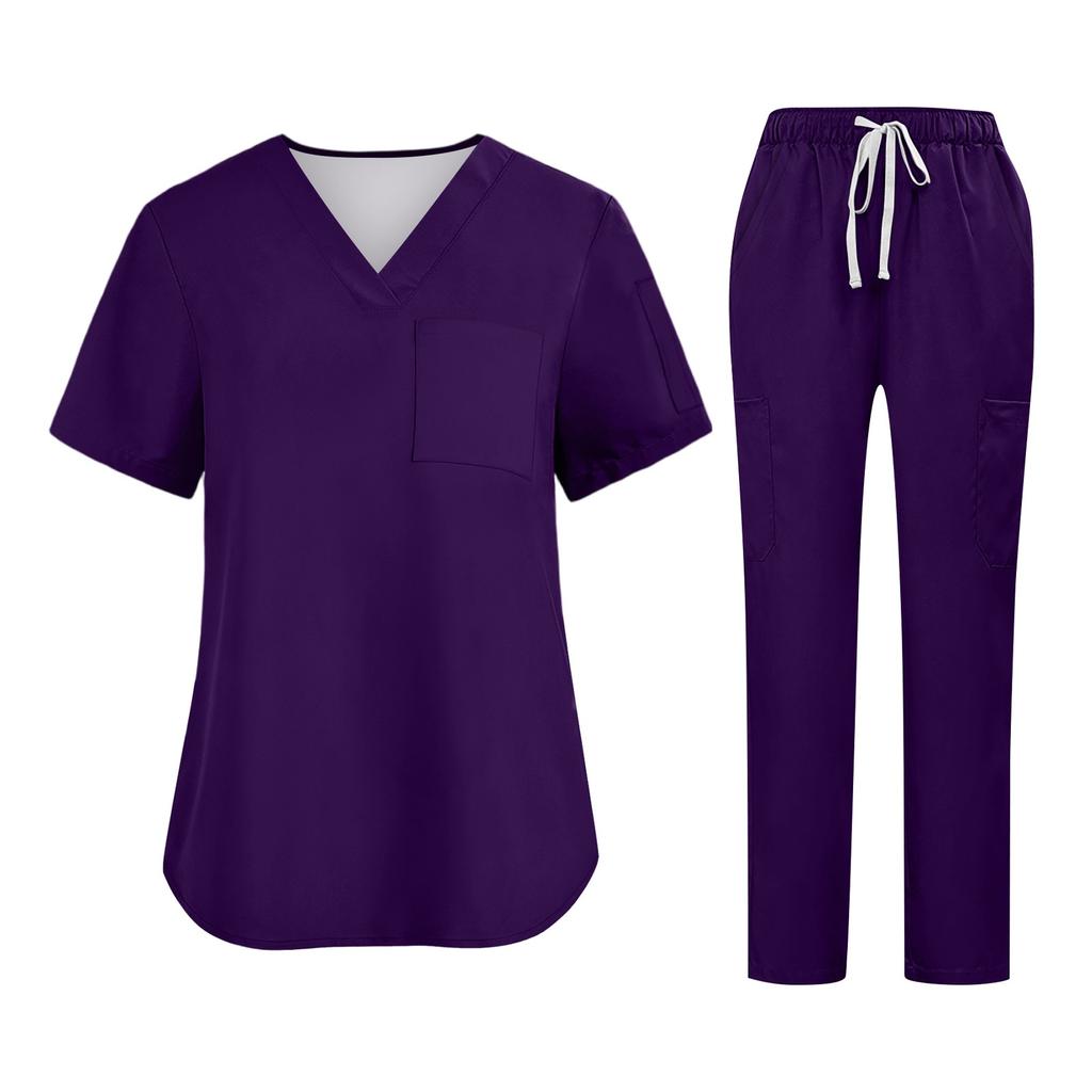 Soild Scrub Working Uniform Suit For Women's Cross V-Neck Short Sleeve Fun T-Shirts Workwear Tee With Pockets