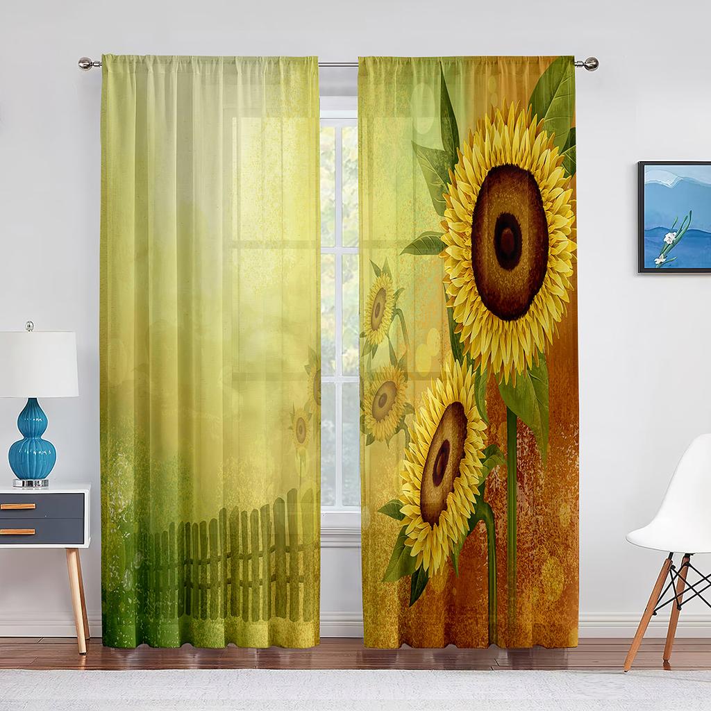 Ölgemälde Sonnenblumen Gelbe Blumen Kunstwerk Tüllvorhänge für Wohnzimmer Schlafzimmer Chiffon Transparent Voile Küchenfenstervorhang