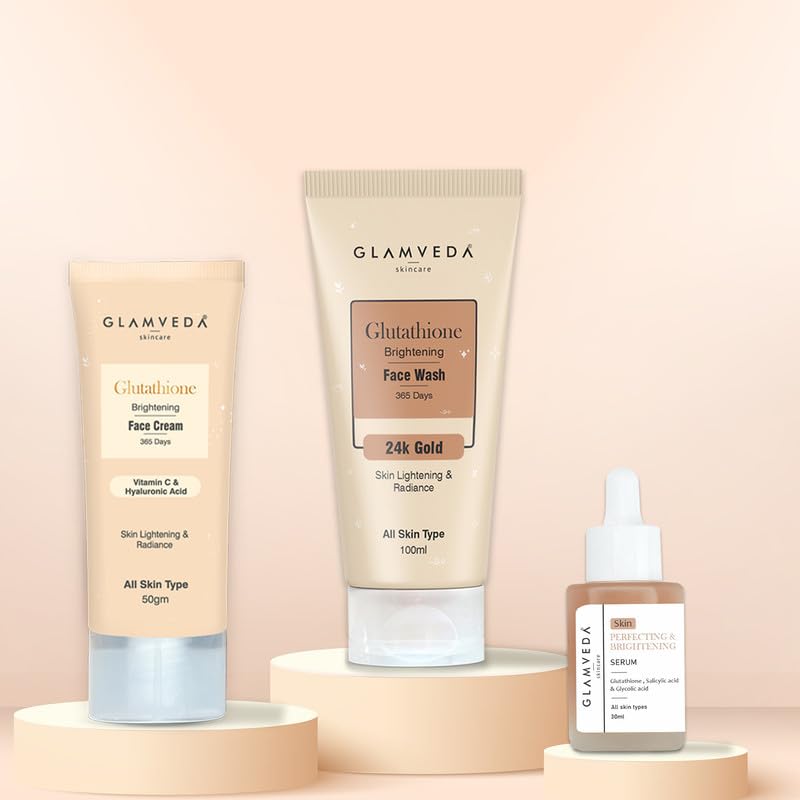 Glamveda Glutathione 3 Steps Skincare Routine Face Wash + Cream + Face Serum | Skin Perfecting Brightening & Dark Spots Removal | Skin Brightening