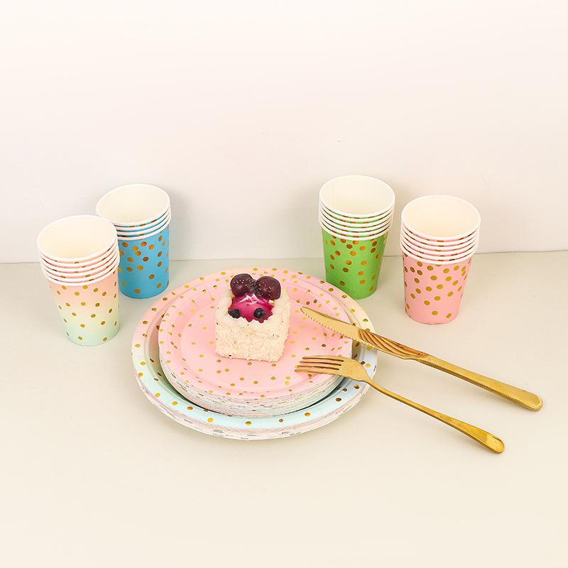 Pack Of 16 Disposable Plate Set Pink Bronzing Polka Dots Birthday Party Cutlery Cupcake Plate