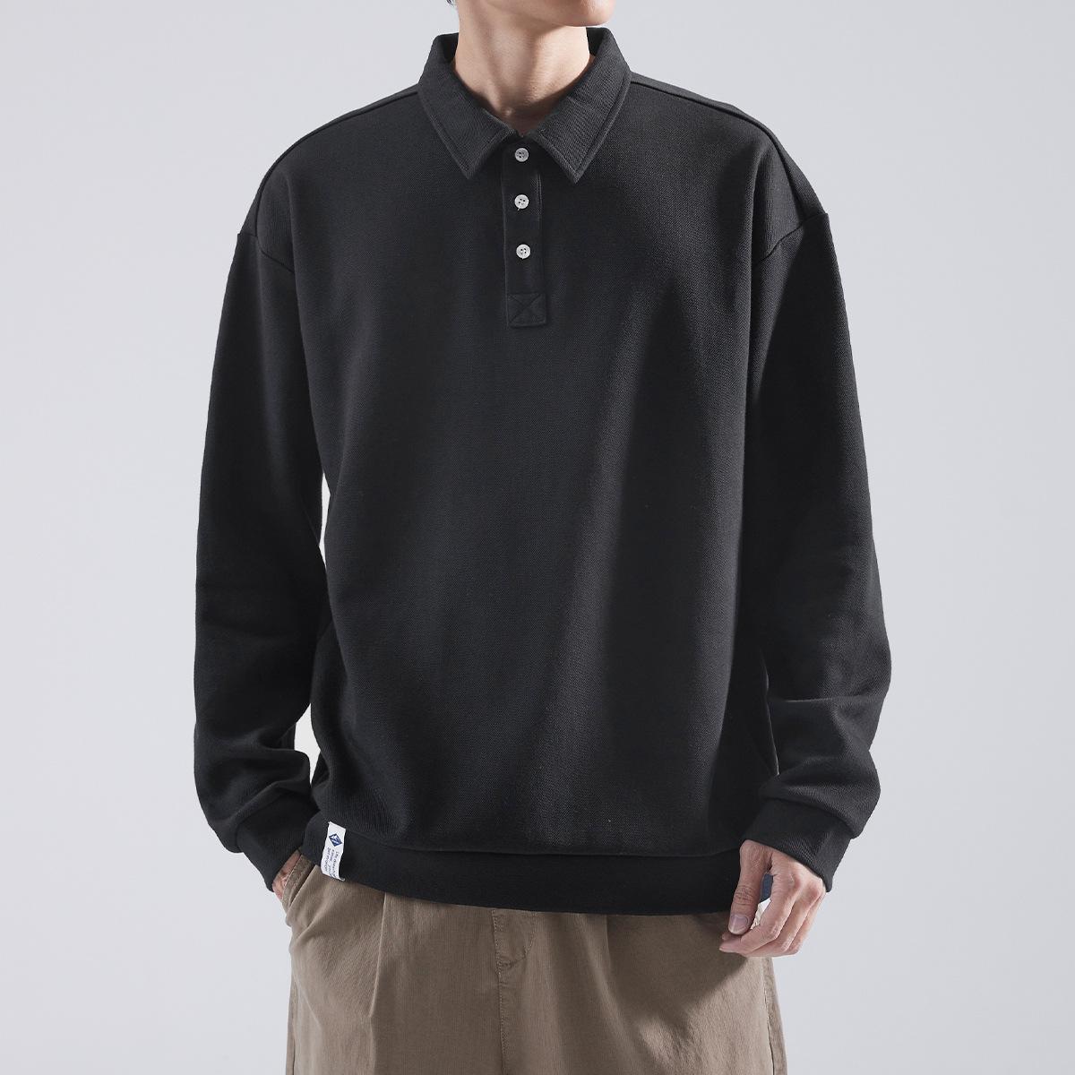 

Мужская футболка-поло с длинными рукавами Hansca, простая и свободная, тяжелый свитер-пуловер для мужчин M чёрный