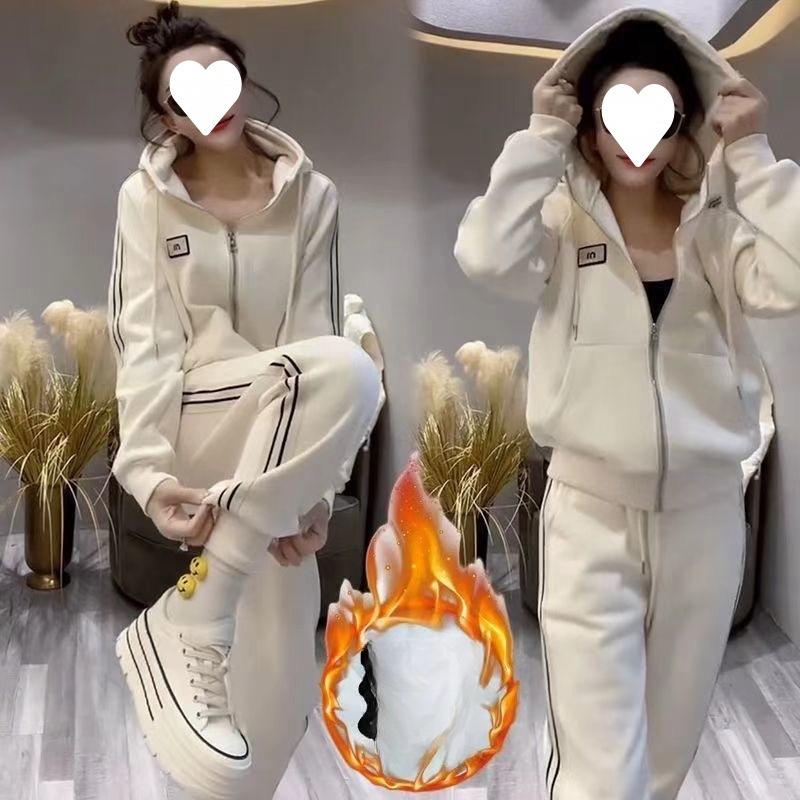 European Autumn and Winter Women's Casual Sports Suit Fashionable Cardigan Hooded Leggings Two-piece Set Plus Velvet and Thickening