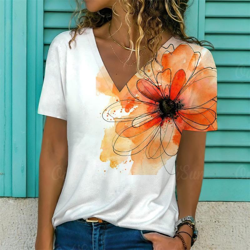Plus Size 1XL-5XL Women's Summer V-neck Fashion Geometric Print T-shirt Women Casual Short Sleeved T-shirt