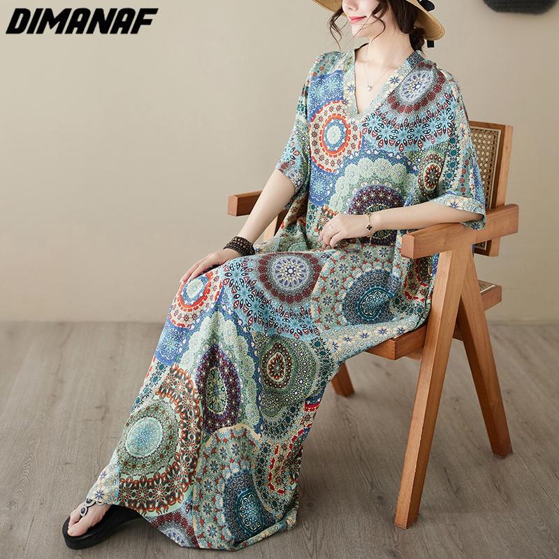 

DIMANAF Большие размеры, женское длинное летнее стильное платье, новинка 2023 года, с коротким рукавом, v-образным вырезом и цветочным принтом, свободное новое льняное платье большого синего цвета