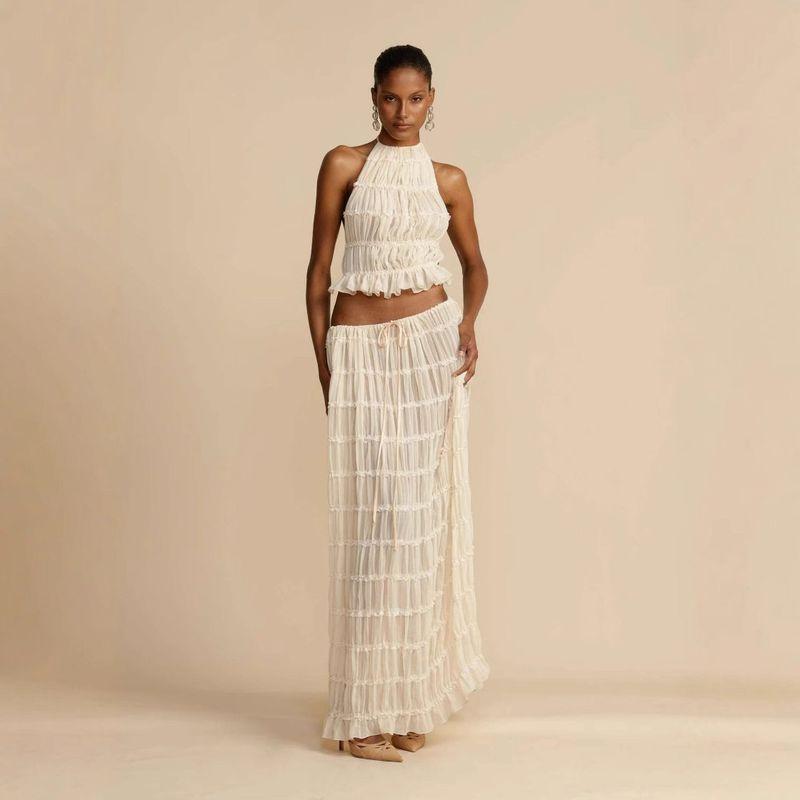 2025 Spring and Summer New European and American Fashion Sexy Backless Halter Neck Lace Vest Long Skirt Suit Beach Skirt