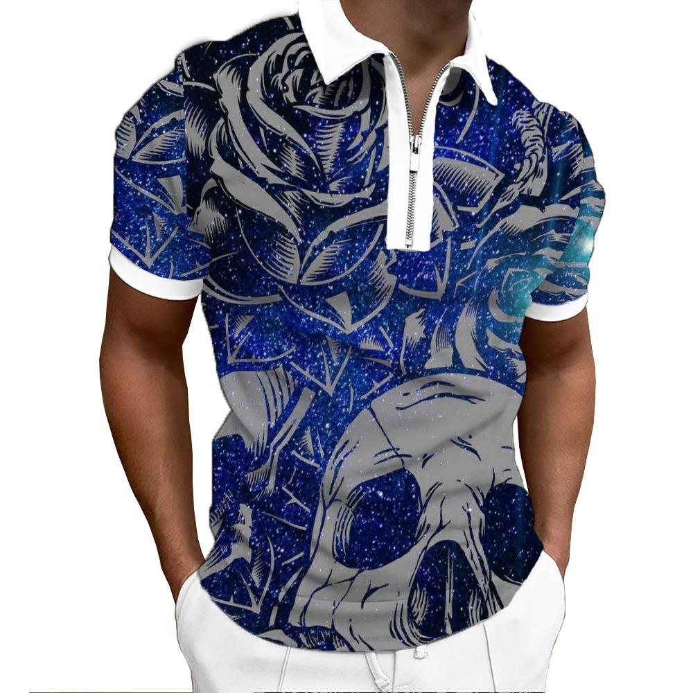 Halloween Print Short Sleeve Zip Polo, Trendy Casual Top