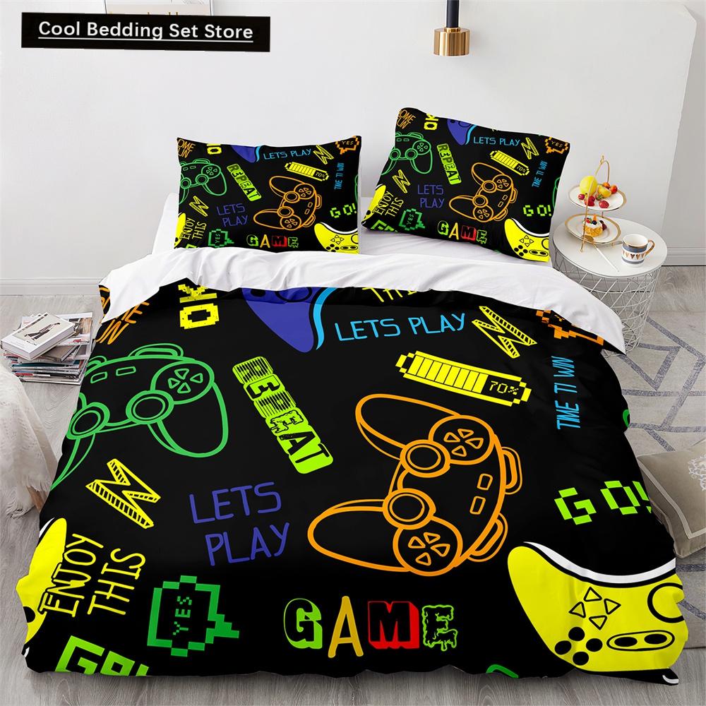 Game King Queen Duvet Cover 3D Black Game Handle Bedding Set for Kids Teens Boys Man Gamer Bedroom Decor Quilt Cover Pillowcase