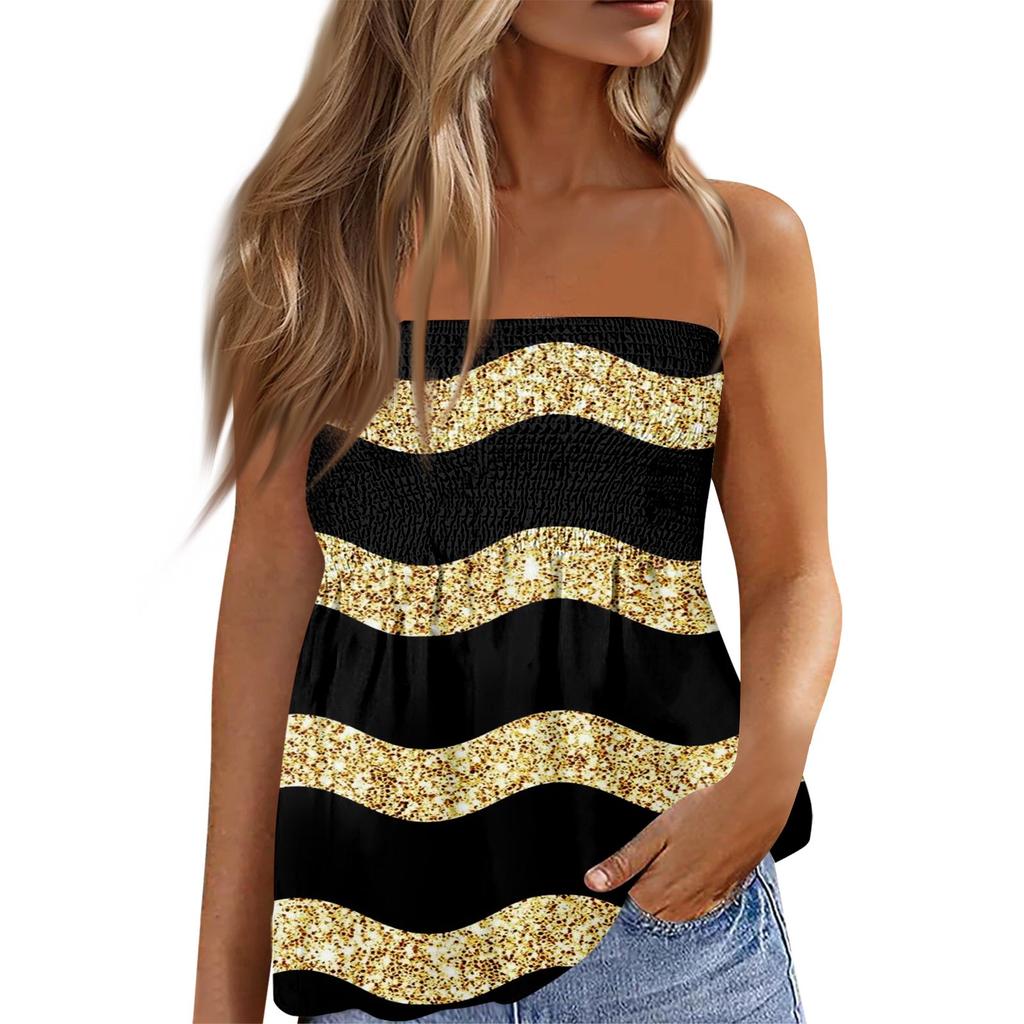 2024 Schlauchtops für Damen, Niedliches Sexy Off-Shoulder Gestreiftes Ärmelloses T-Shirt