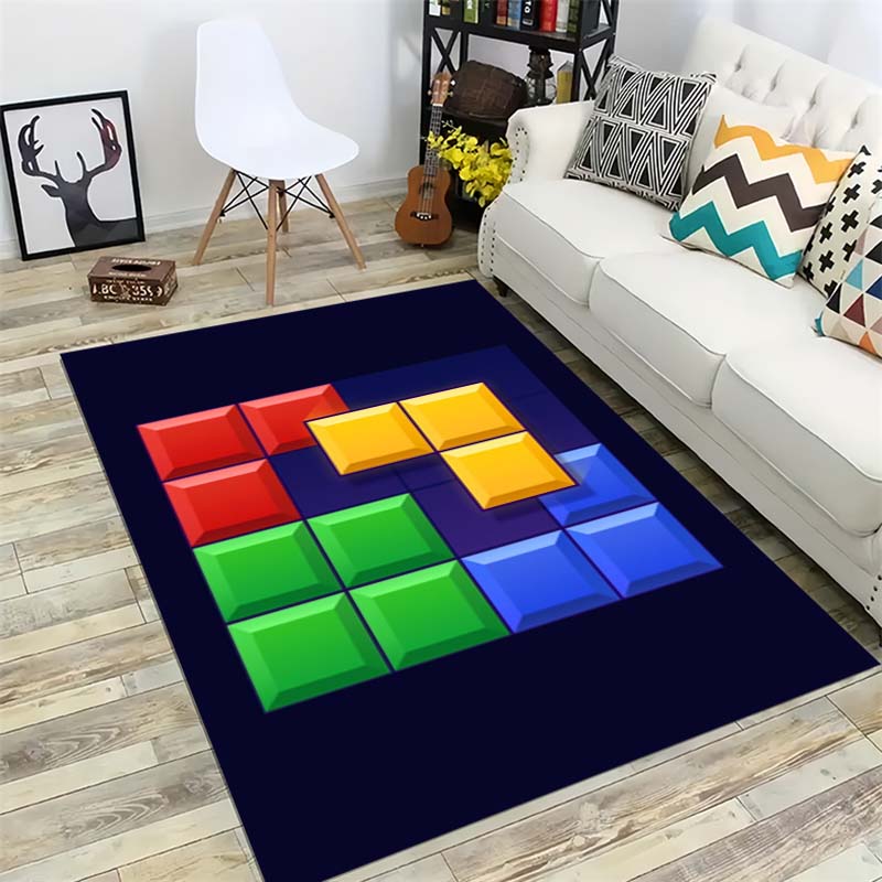 Block Blast Kids Rug Colorful Cartoon Puzzle Game Carpet Non Slip Play Mat For Children Bedroom Living Room