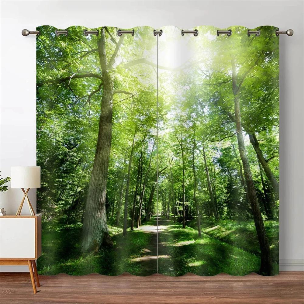 Forest Jungle Tree Natural Scenery Landscape Thin Window Blinds Curtains for Living Room Kitchen Bedroom Waterfall 2Pieces Decor