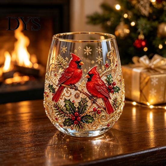 Christmas Themed Water Mug 330ML Glass Cup, Wreath/Santa Claus/Elk/Stockings/Snowman Pattern Holiday Glassware Compact for Breakfast Wine, Coffee,