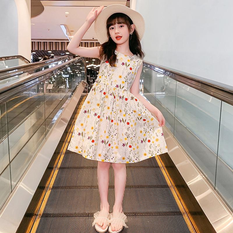 Girls Summer Cotton Dress Floral Cotton Princess Dress Belt Waist Pastoral Style Summer Travel Vacation