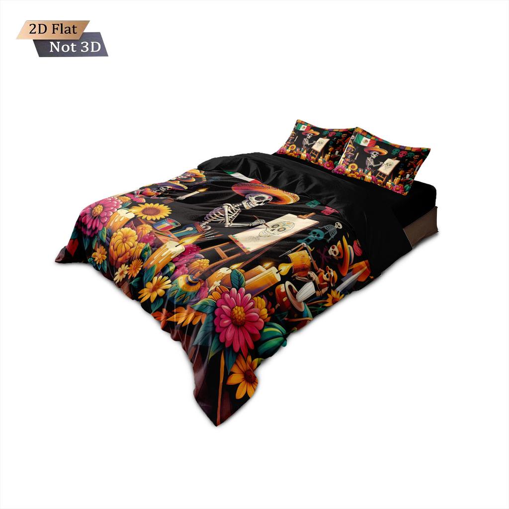 3 st The Day of the Dead Skelett Blommigt Tryckt Quiltset, Flera Storlekar Sovrum Sovsal Sängkläder Dekoration, Maskintvätt