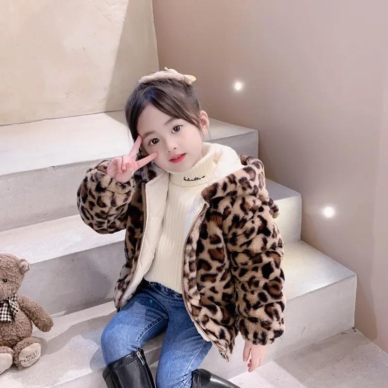 Winter Girls Warm Thick Jackets Fur Hooded Leopard Print Kids Cute Parkas Girl Outdoor Coats Baby Girl Zipper Overcoat 2-10Years