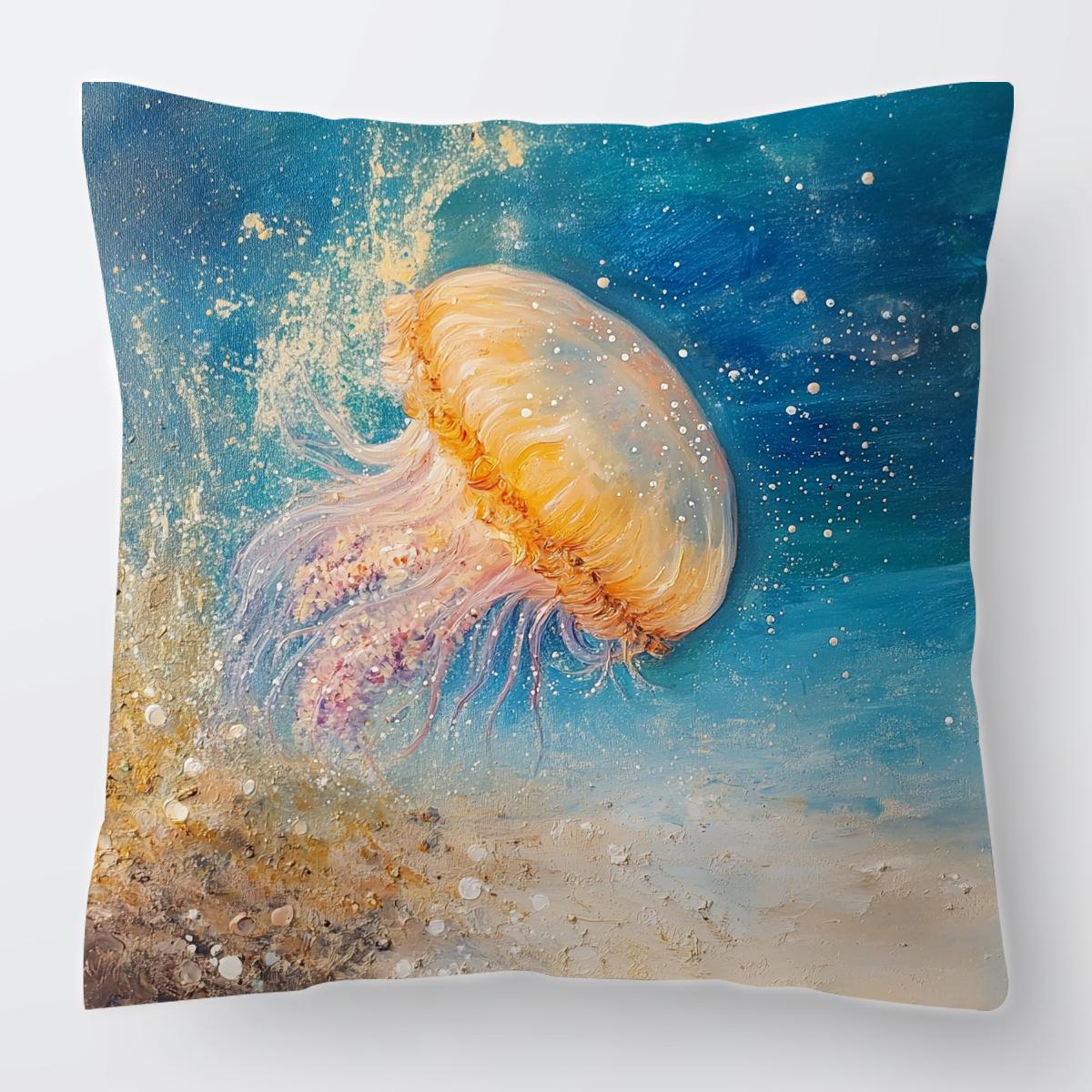 Jellyfish Pillowcase Printed Ocean Life Home Summer Large Peach Skin Cushion Decoration 45 * 45Cm-Peach Skin Velvet (Excluding Pillow C