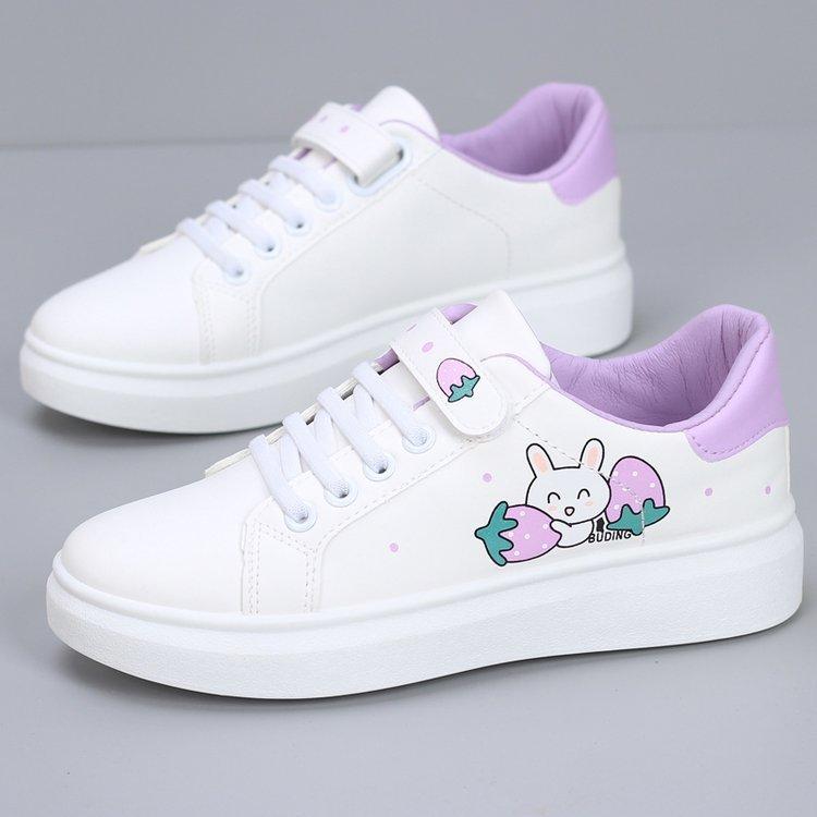 Women Casual Vulcanize Shoe Spring Autumn Leather Sneakers Fashion White Breathable Color Print Cute Rabbit Lace-Up Tennis Shoes