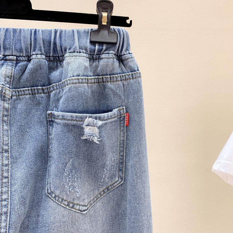 Women Spring and Autumn Large Size High Waist Casual Trousers Loose Hole Jeans Denim Cropped Pants