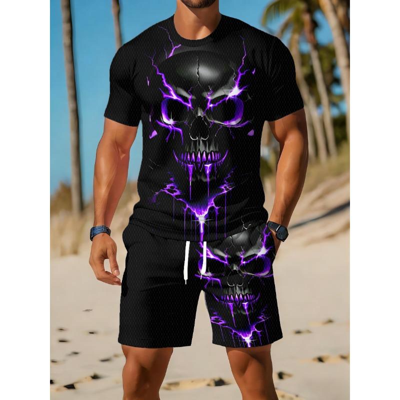 Casual Athletic Set Breathable Outdoor Leisure Men'S Round Neck T-Shirt And Shorts Set Summer Digital Print Print Outfit Men Adult