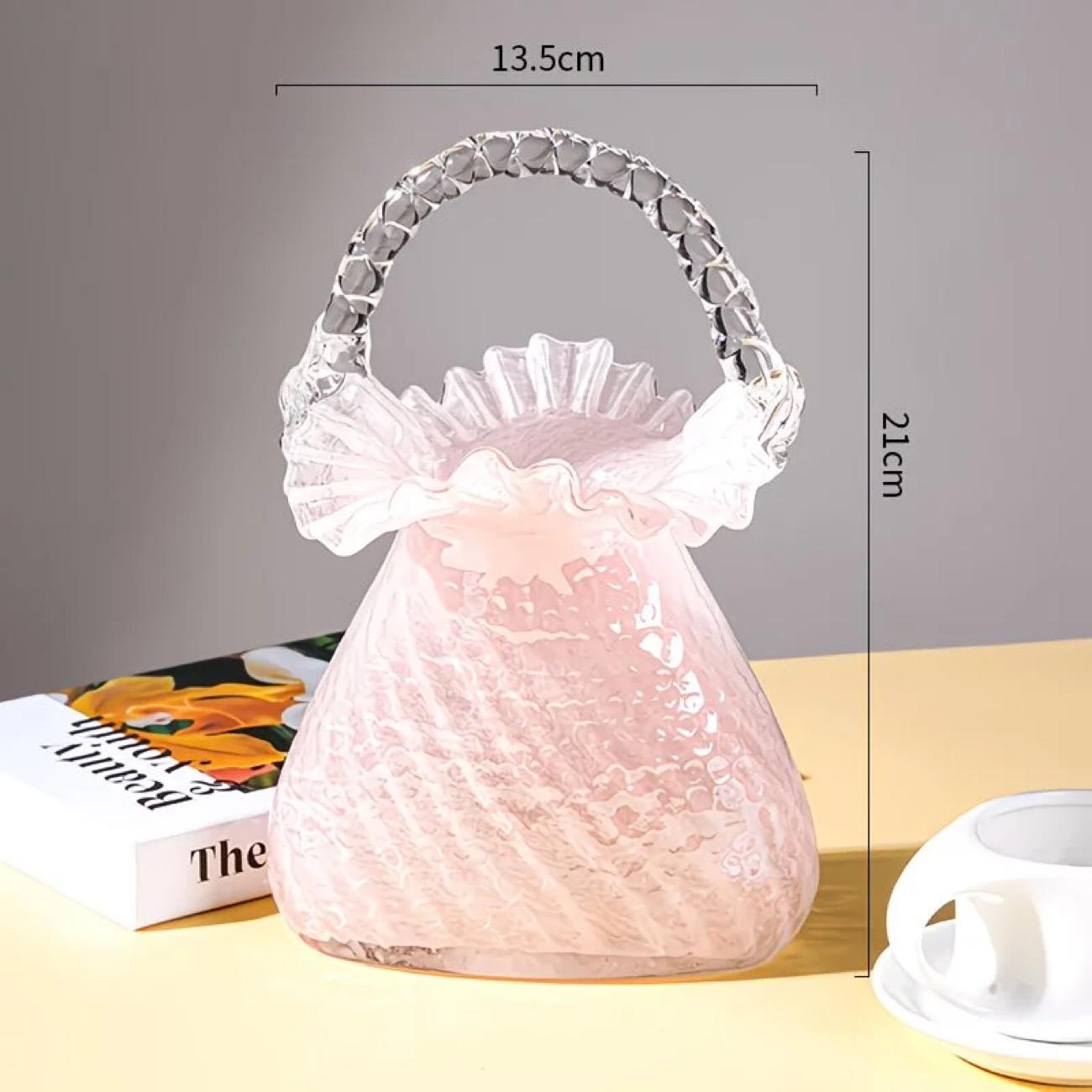 Luxury Crystal Glass Handbag Vase, Elegant Glass Basket Flower Vase with Crystal Glaze Finish for Home Decor S