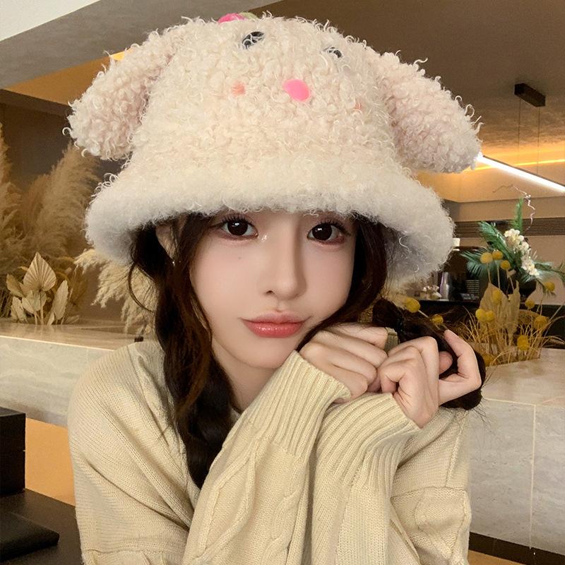 

Cute lamb plush rabbit ear fisherman hat children s season sweet face small cold warm ear protector basin hat one size fits all (54-58cm)