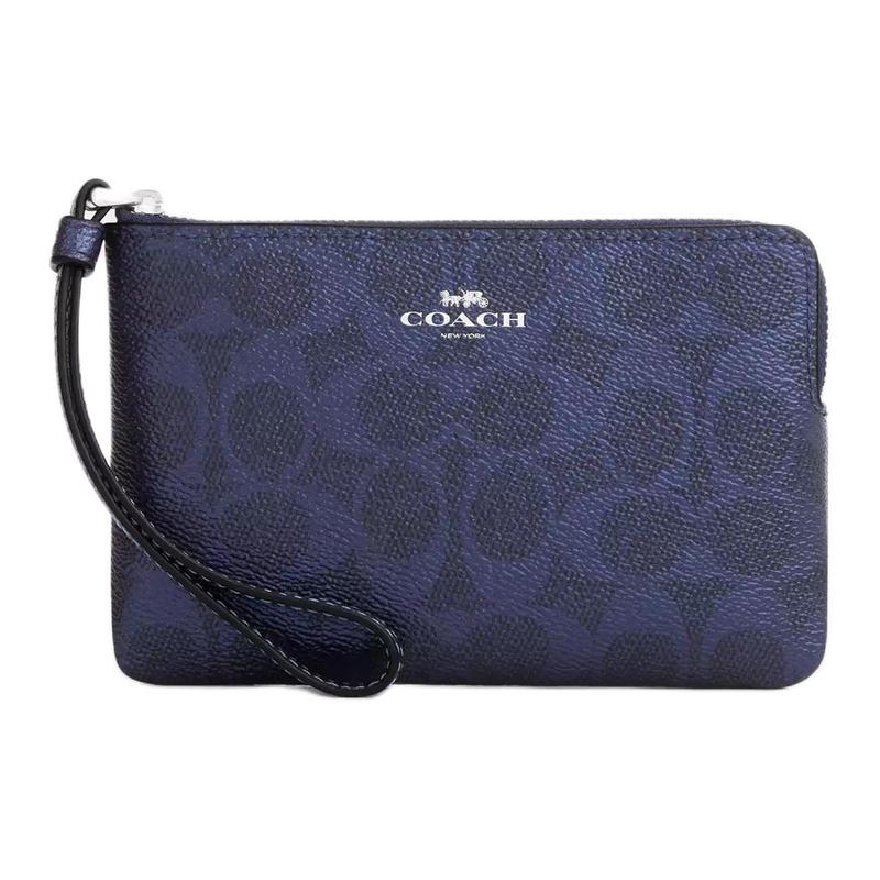 COACH Corner ZipSignature 16 Branded Print Gold Logo Pearlescent Signature Coated Canvas and Leather Clutch Small Women s Navy синий