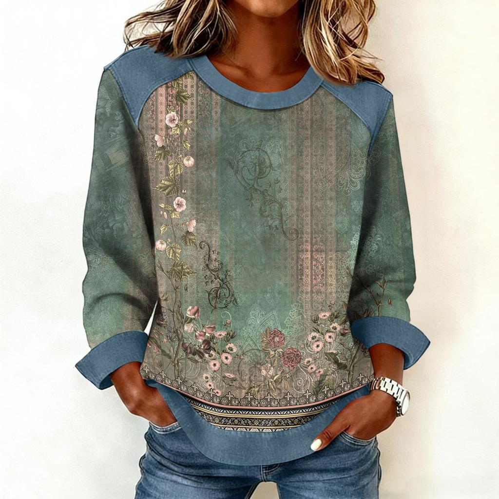 Dames sweatshirt met denim kraag en patchworkstiksels, casual trui met lange mouwen.