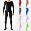 Men Bodystocking Glossy Sheer Open Crotch Long Sleeve Body Jumpsuits Crotchless Transparent Bodysuit Underwear Night Club Wear