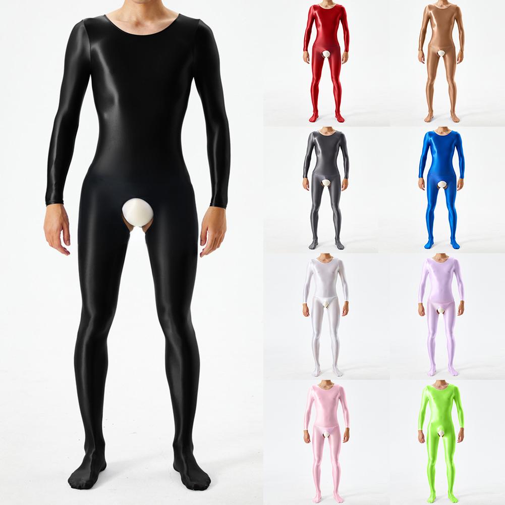 Men Bodystocking Glossy Sheer Open Crotch Long Sleeve Body Jumpsuits Crotchless Transparent Bodysuit Underwear Night Club Wear