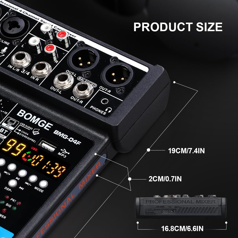 DJ Audio Sound Mixer with Stereo 48V 16 DSP Echo for Live Church and Music Production BOMGE-04F 4-Channel MP3, USB, Bluetooth, Record, Power, Effects,