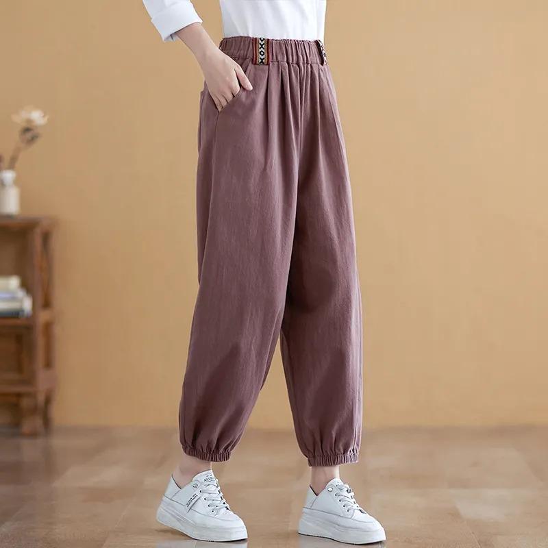 

High-end Washed Cotton Women s Pants Chinese Style Retro Casual Pants Fashionable and Versatile Elastic Waist Harem Pants Leggings XL фіолетовий