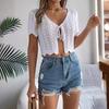 GMXIA Summer Lace-up Cutout Short-sleeved Knitted Cardigan for Vacation Crop Protection Women's Wear