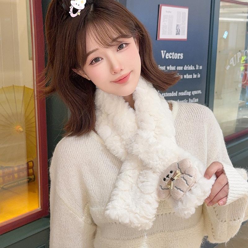 Puppy bow plush scarf female rounded corner embossed girl autumn and winter scarf Korean version student warm neck cover scarf