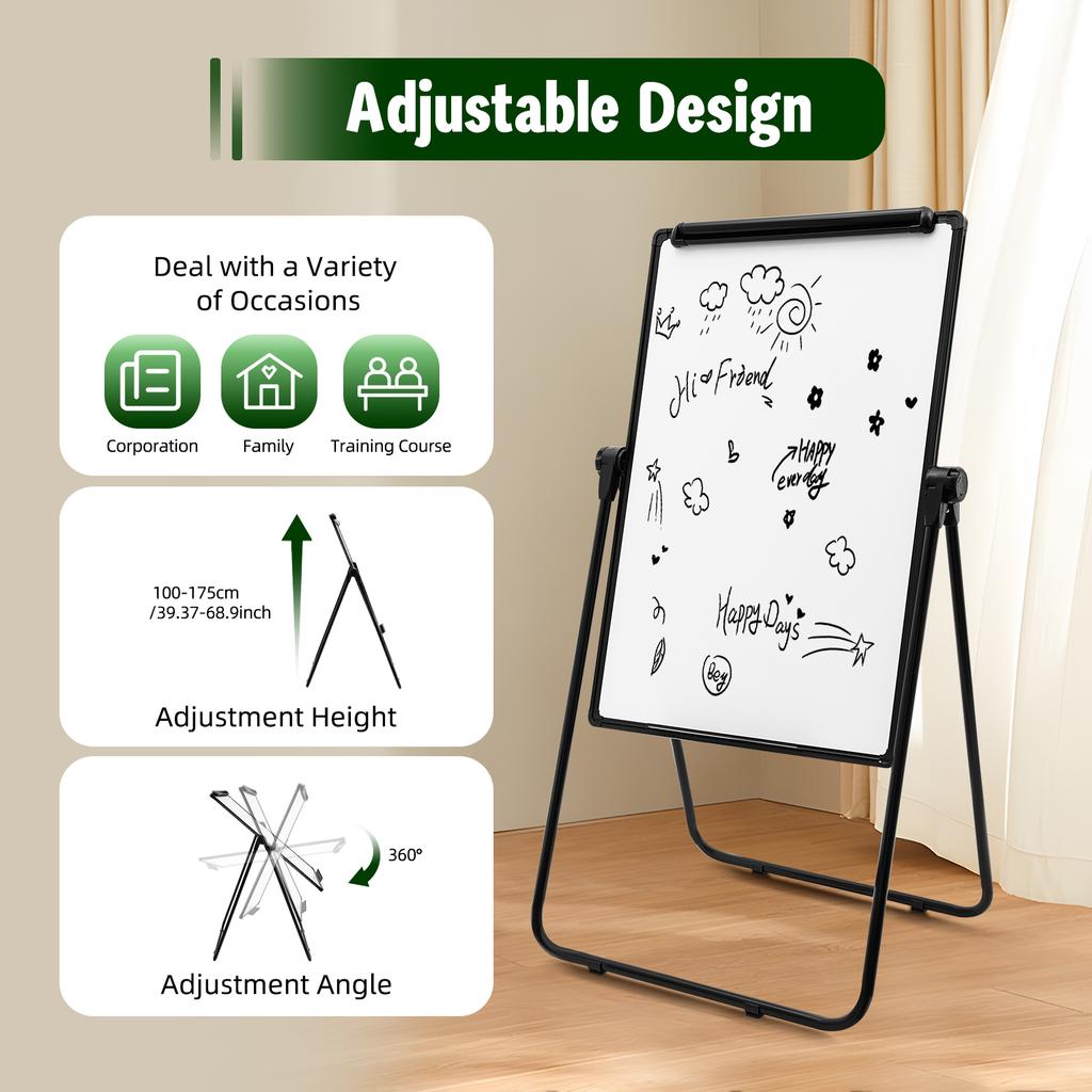 Double-Sided Dry Erase Board, 36x24 In Portable Whiteboard with Stand - Height Adjustable, 360° Rotating, for Office, Classroom
